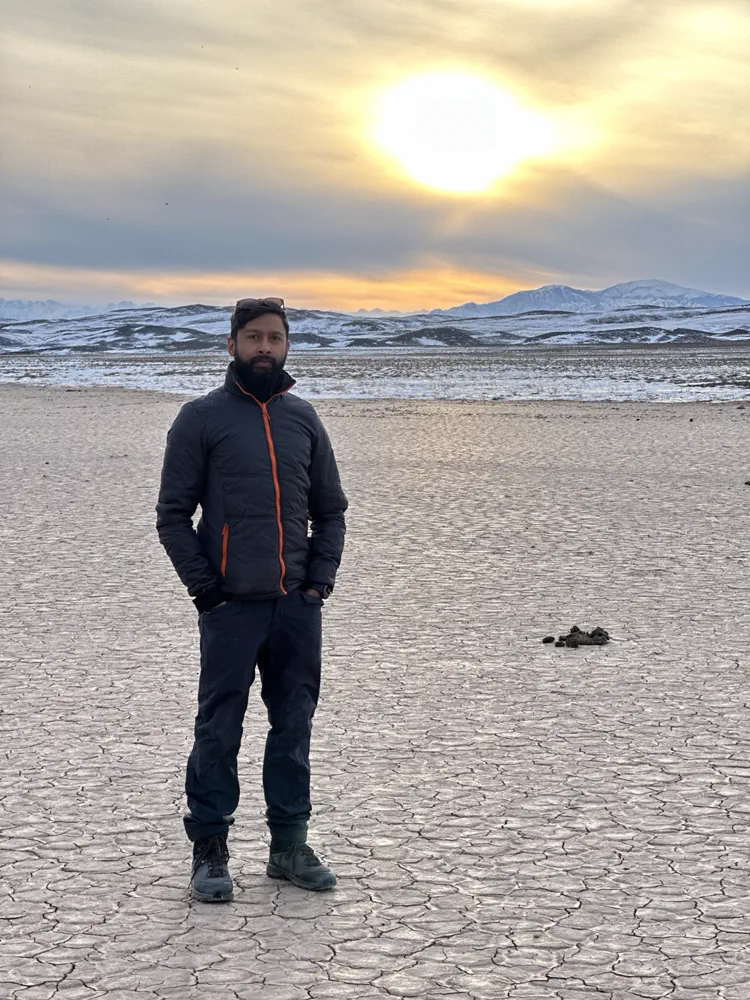 Frozen high plain at sunset